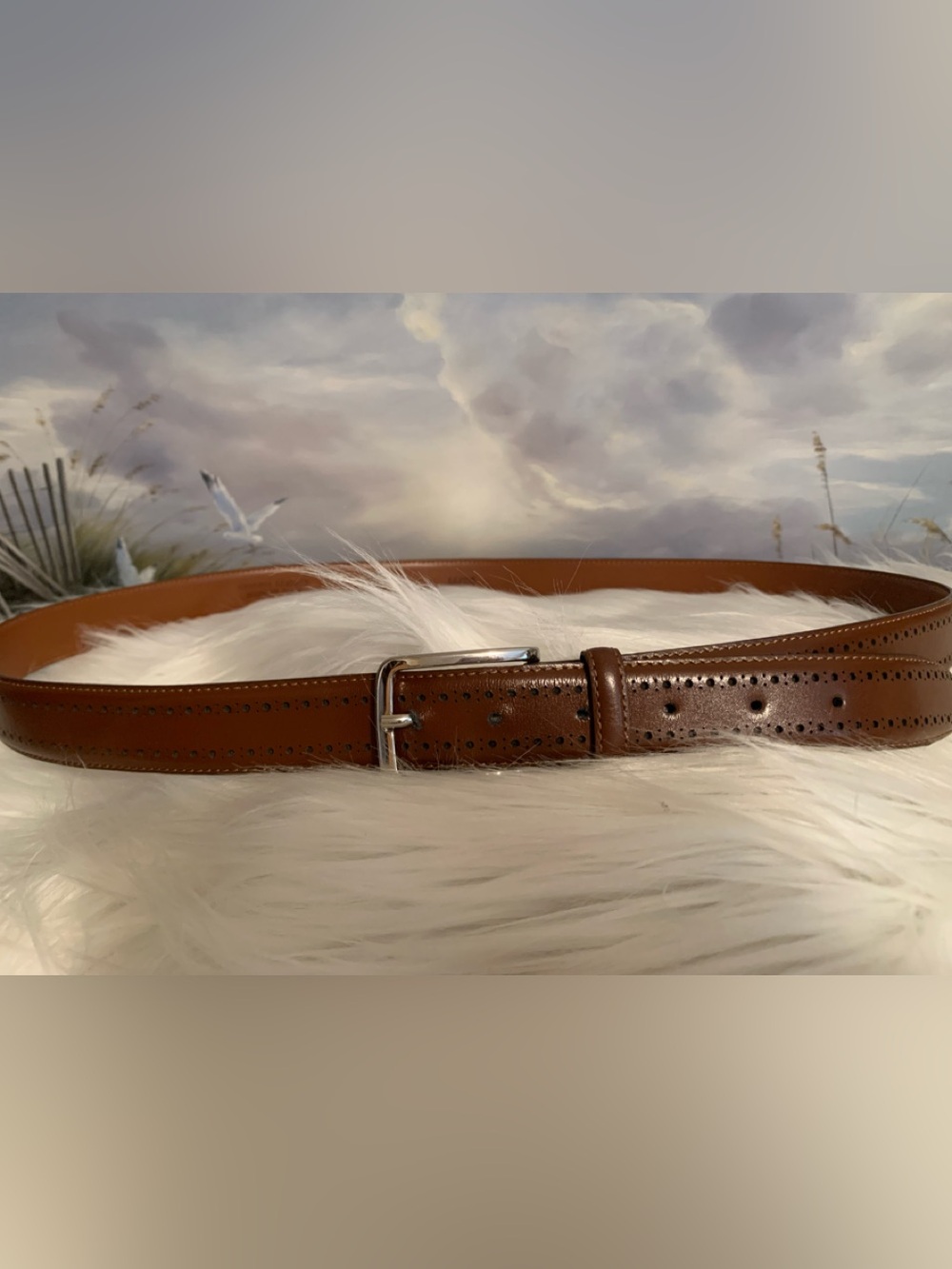 BROOKS BROTHERS men’s 100% leather Brogue details brown belt Size 44 VGUC +